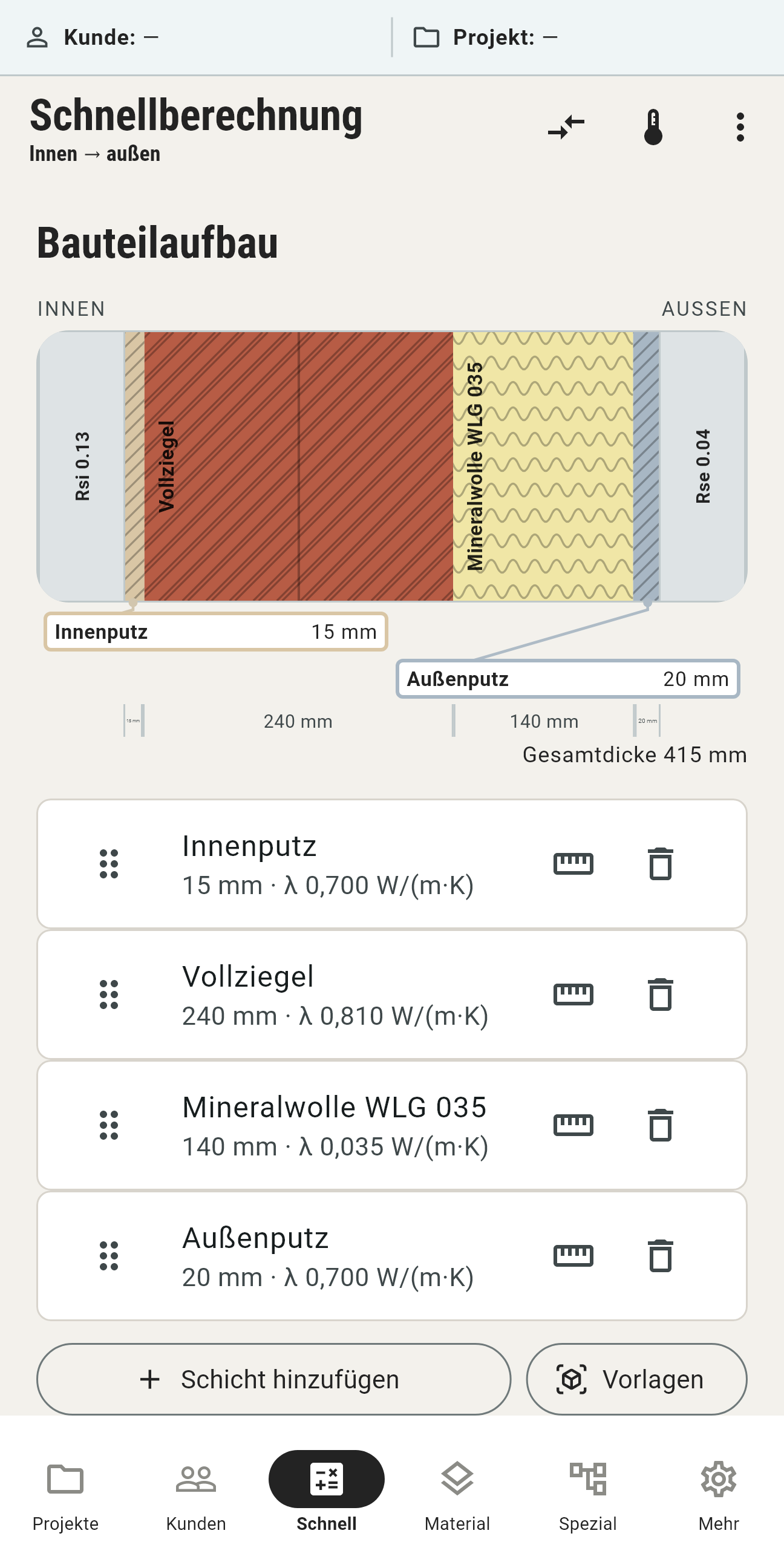 Bauteilaufbau mit Ziegel, Mineralwolle und Putz