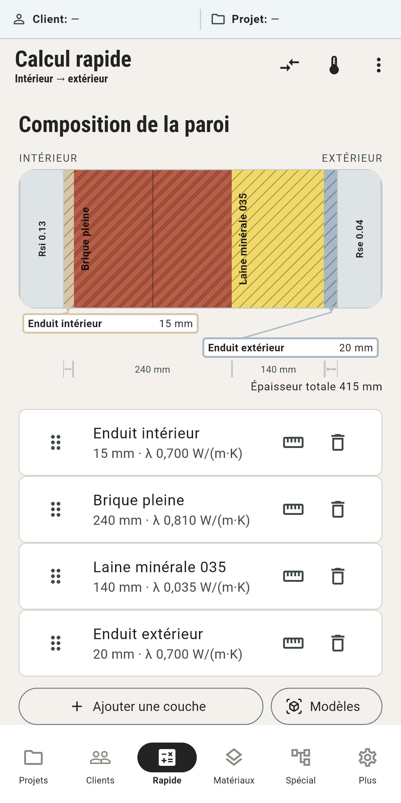 Construction d'éléments en brique, laine minérale et plâtre