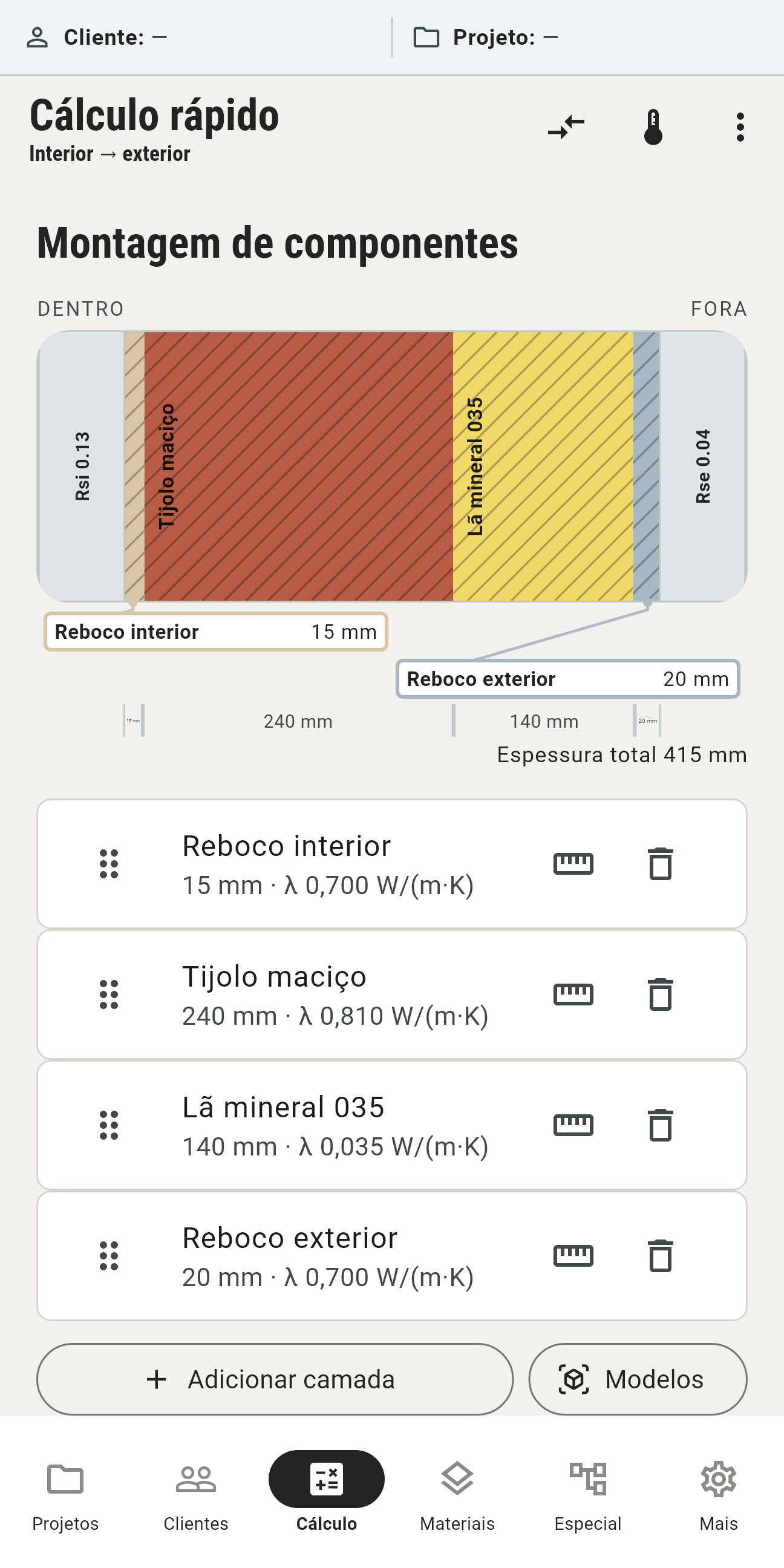 Construção de componentes com tijolo, lã mineral e gesso